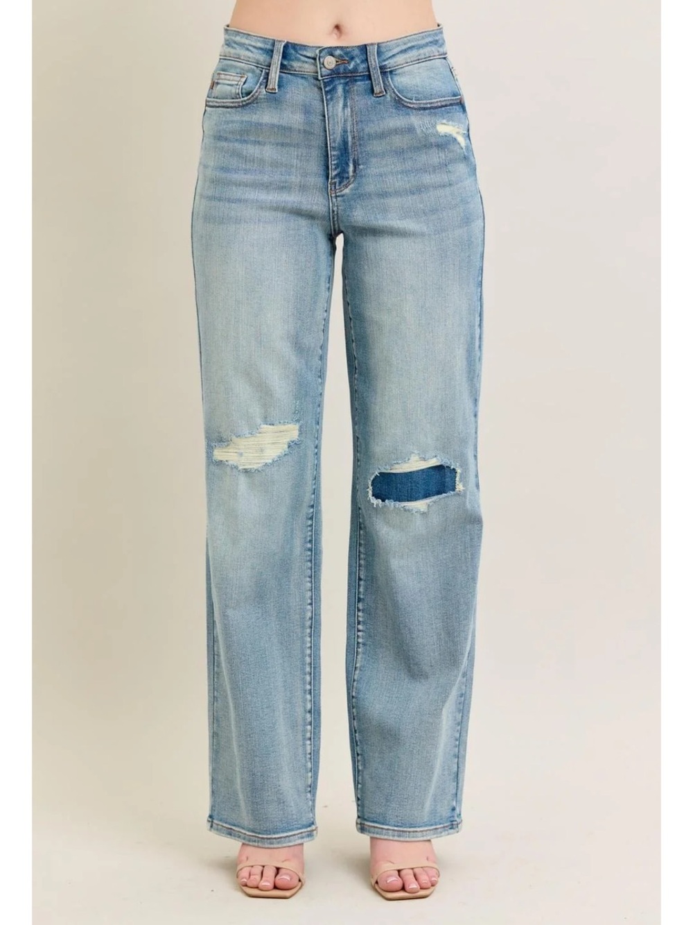 Judy Blue Light Gray Slim Straight Jeans with Distressed Knees
